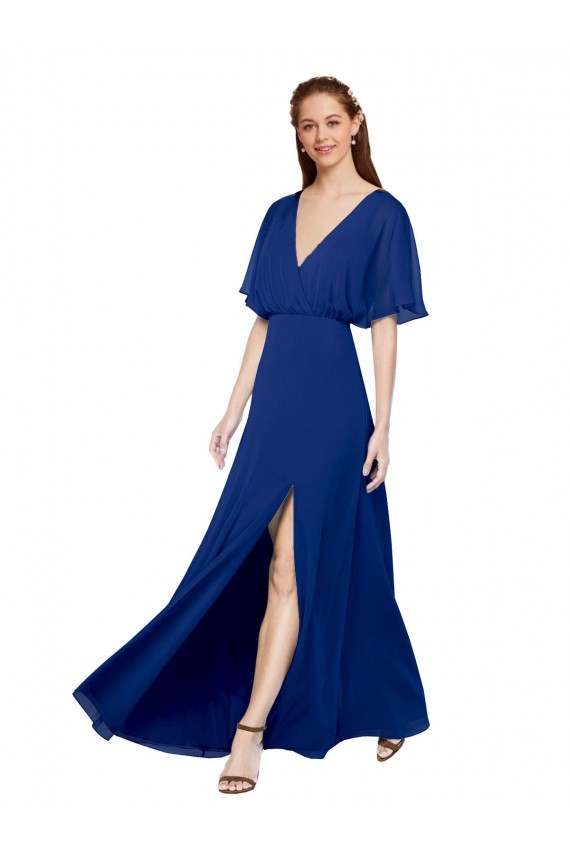 Boutique Bleu roi Trapèze Col V Mousseline Longue Robes demoiselle d'honneur