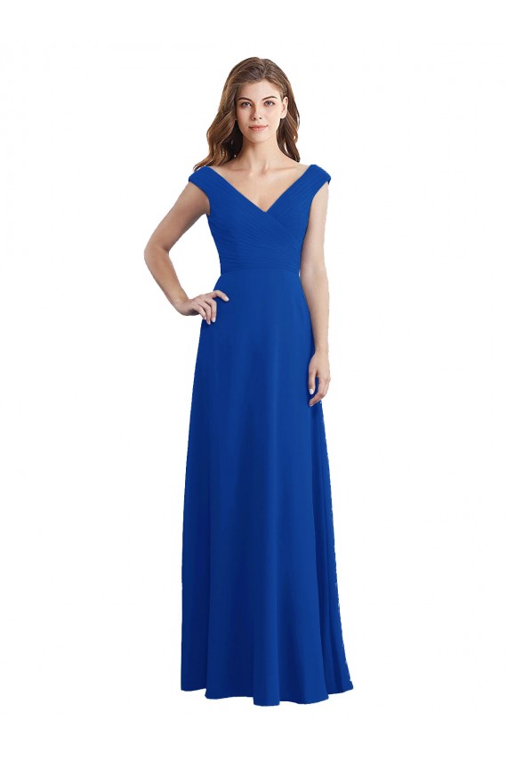 Boutique Bleu roi Trapèze Col V Mousseline Longue Robes demoiselle d'honneur