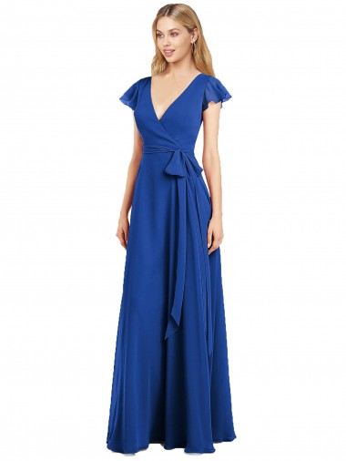Boutique Bleu roi Trapèze Col V Mousseline Longue Robes demoiselle d'honneur