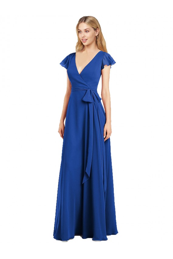 Boutique Bleu roi Trapèze Col V Mousseline Longue Robes demoiselle d'honneur