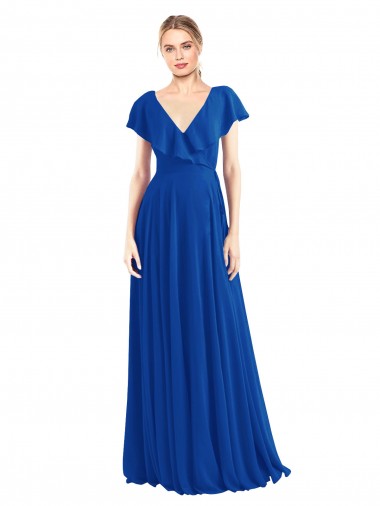 Boutique Bleu roi Trapèze Col V Mousseline Longue Robes demoiselle d'honneur