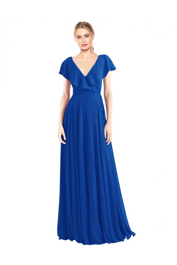 Boutique Bleu roi Trapèze Col V Mousseline Longue Robes demoiselle d'honneur