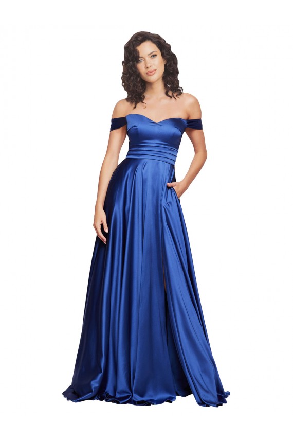 Boutique Bleu roi Trapèze Épaule Dénudée Balayage train Satiné Stretch Longue Formelles Robes demoiselle d'honneur / Robes de soirée / Robes de bal