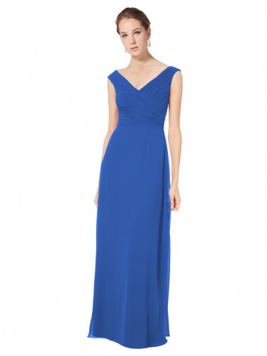 Boutique Bleu roi Trapèze Épaule Dénudée Col V Mousseline Longue Robes demoiselle d'honneur