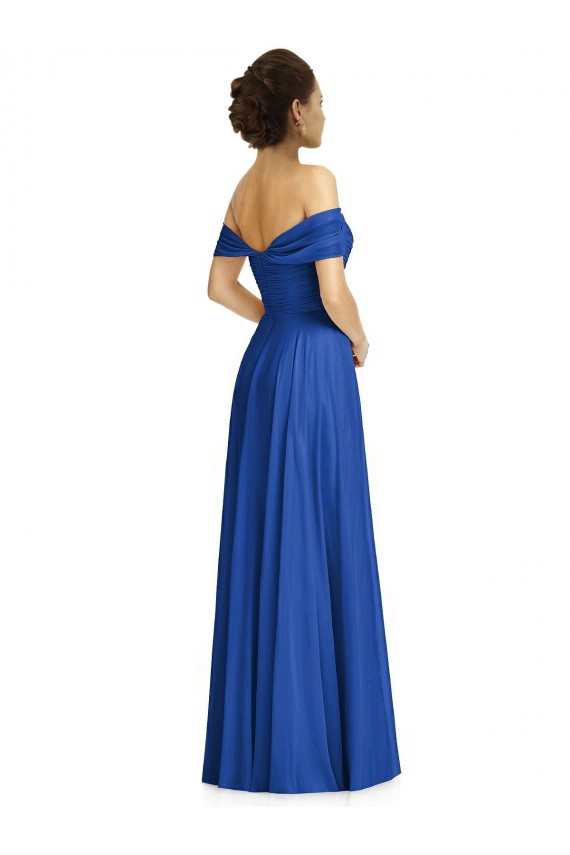 Boutique Bleu roi Trapèze Épaule Dénudée Mousseline Longue Robes demoiselle d'honneur
