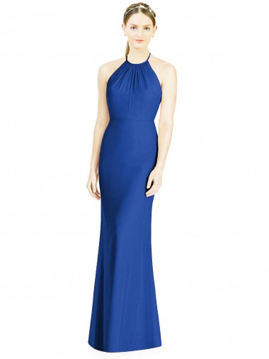 Boutique Bleu roi Trompette Licou Col Haut Mousseline Longue Robes demoiselle d'honneur