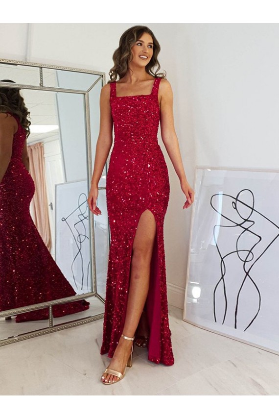Boutique Bordeaux Fourreau Col Carré Paillettes Velours Longue Robes de bal
