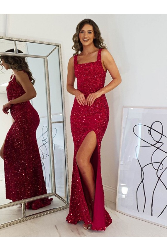 Boutique Bordeaux Fourreau Col Carré Paillettes Velours Longue Robes de bal
