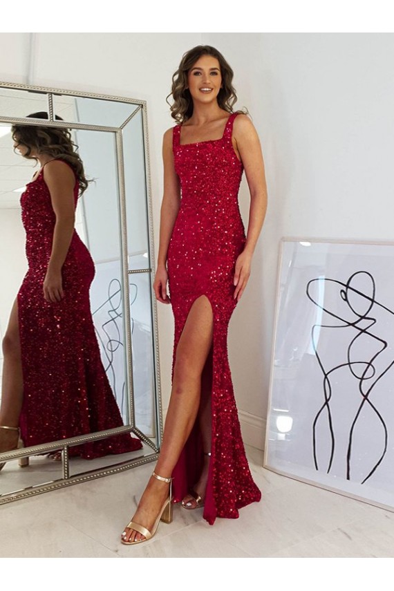 Boutique Bordeaux Fourreau Col Carré Paillettes Velours Longue Robes de bal
