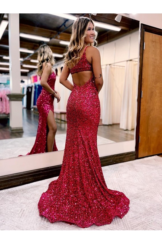 Boutique Bordeaux Sirène Balayage train Paillettes Velours Longue Robes de bal