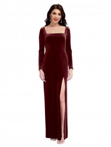 Boutique Bordeaux Trapèze Bretelles spaghetti Col Carré Velours Stretch Longue Robes demoiselle d'honneur / Robes de bal