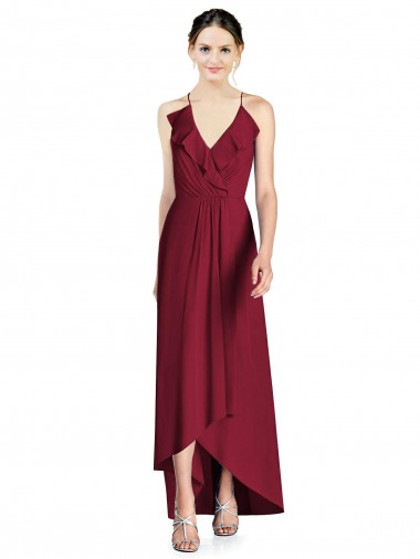 Boutique Bordeaux Trapèze Bretelles spaghetti Col V Mousseline Longue Asymétrique Robes demoiselle d'honneur