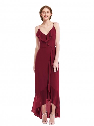 Boutique Bordeaux Trapèze Bretelles spaghetti Col V Mousseline Longue Asymétrique Robes demoiselle d'honneur