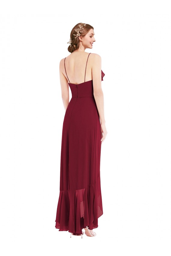 Boutique Bordeaux Trapèze Bretelles spaghetti Col V Mousseline Longue Asymétrique Robes demoiselle d'honneur