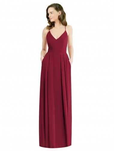 Boutique Bordeaux Trapèze Bretelles spaghetti Col V Mousseline Longue Robes demoiselle d'honneur