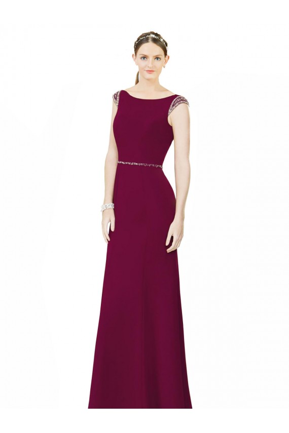 Boutique Bordeaux Trapèze Col Bateau Col Haut Mousseline Longue Robes demoiselle d'honneur