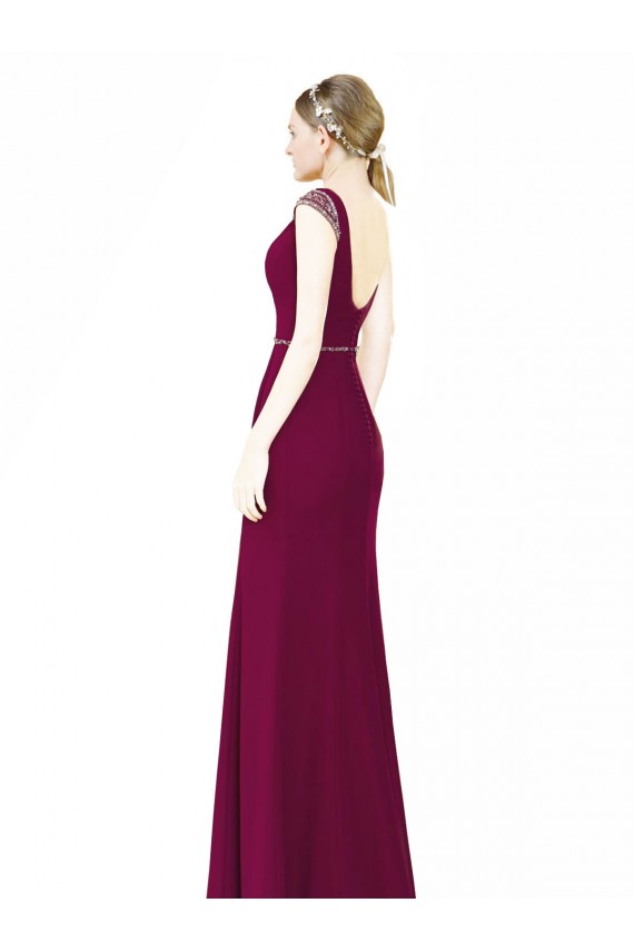 Boutique Bordeaux Trapèze Col Bateau Col Haut Mousseline Longue Robes demoiselle d'honneur