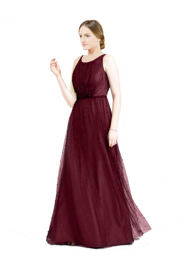 Boutique Bordeaux Trapèze Col Bateau Tulle Longue Robes demoiselle d'honneur