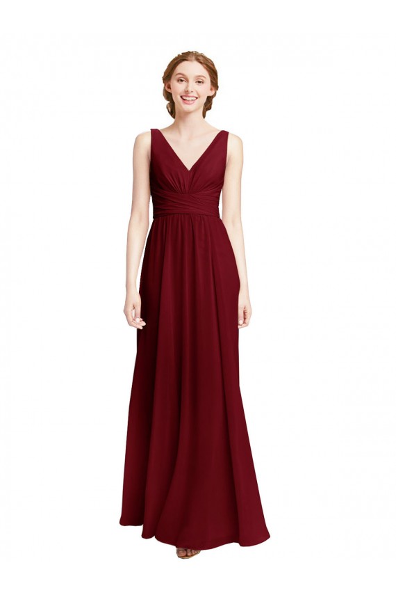 Boutique Bordeaux Trapèze Col V Mousseline Longue Robes demoiselle d'honneur
