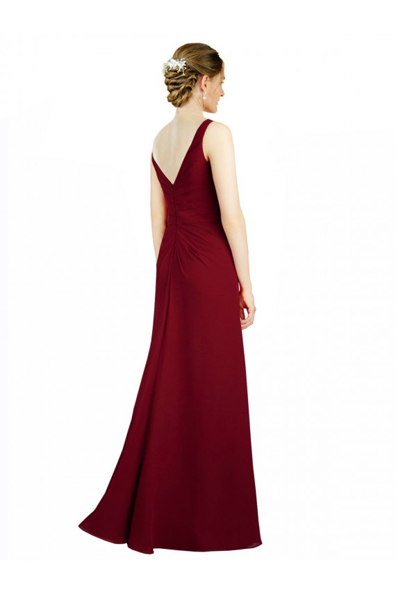 Boutique Bordeaux Trapèze Col V Mousseline Longue Robes demoiselle d'honneur