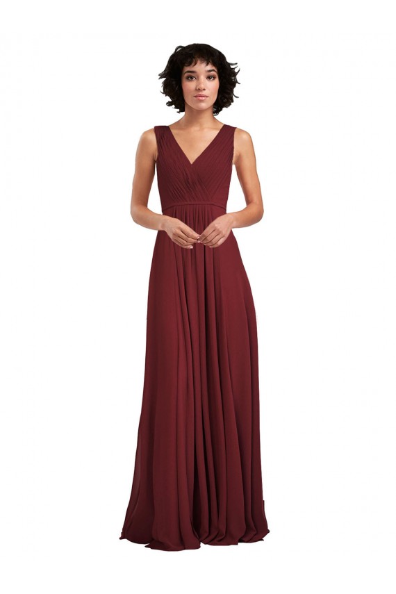 Boutique Bordeaux Trapèze Col V Mousseline Longue Robes demoiselle d'honneur