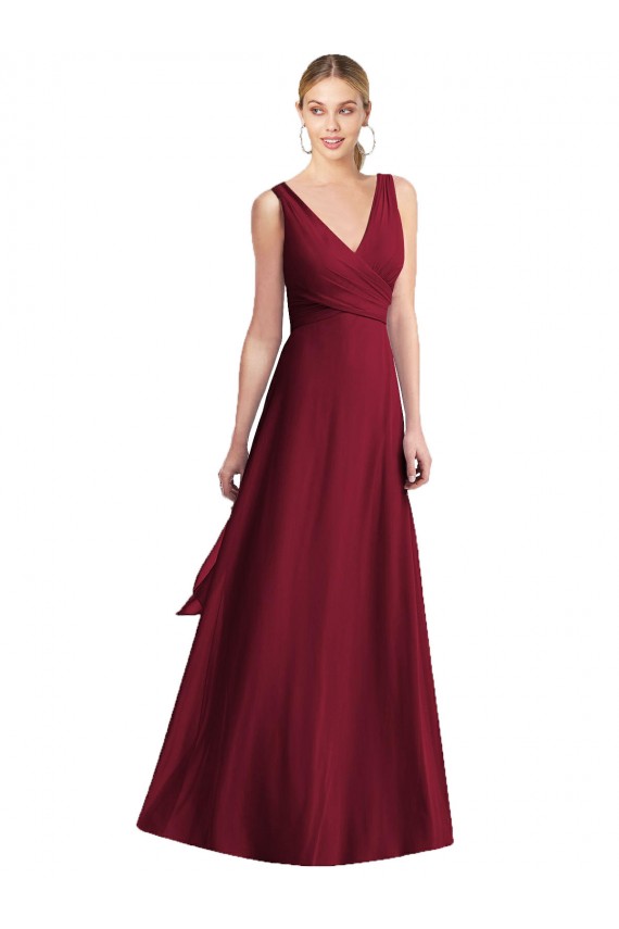 Boutique Bordeaux Trapèze Col V Mousseline Longue Robes demoiselle d'honneur