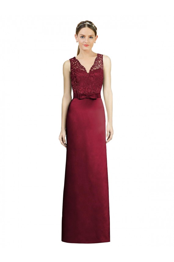 Boutique Bordeaux Trapèze Col V Satiné Dentelle Longue Robes demoiselle d'honneur