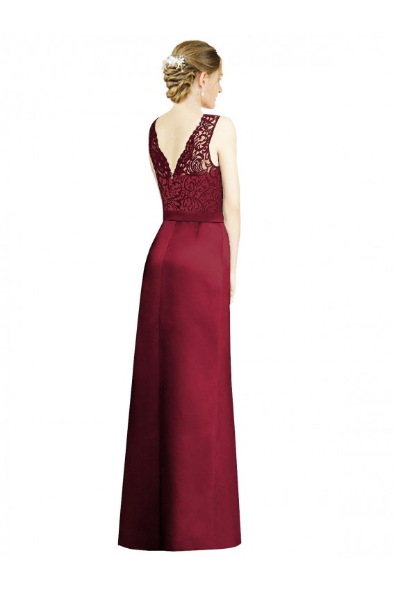 Boutique Bordeaux Trapèze Col V Satiné Dentelle Longue Robes demoiselle d'honneur