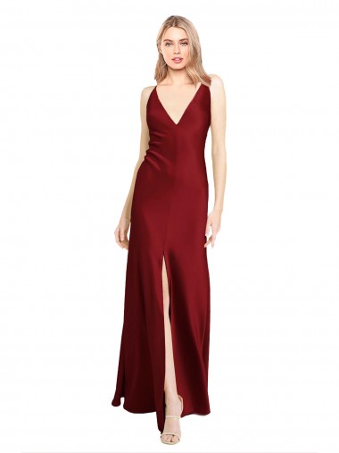 Boutique Bordeaux Trapèze Col V Satiné Stretch Longue Formelles Robes demoiselle d'honneur / Robes de soirée / Robes de bal