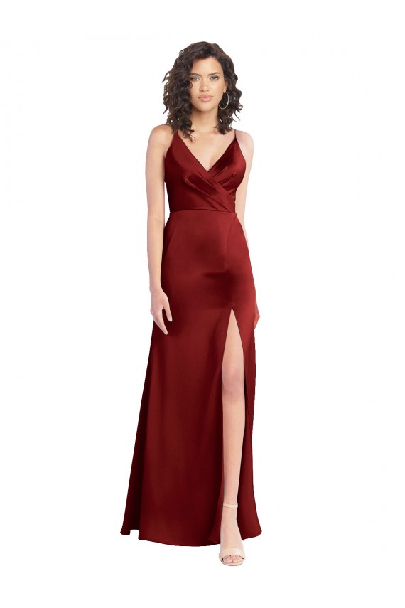 Boutique Bordeaux Trapèze Col V Satiné Stretch Longue Formelles Robes demoiselle d'honneur / Robes de soirée / Robes de bal
