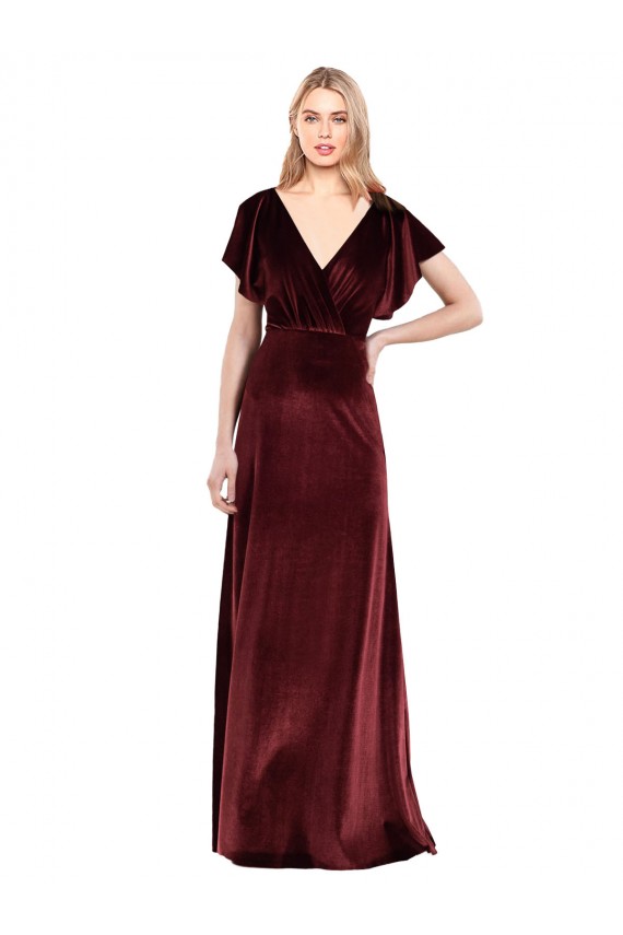 Boutique Bordeaux Trapèze Col V Velours Stretch Longue Robes demoiselle d'honneur / Robes de bal