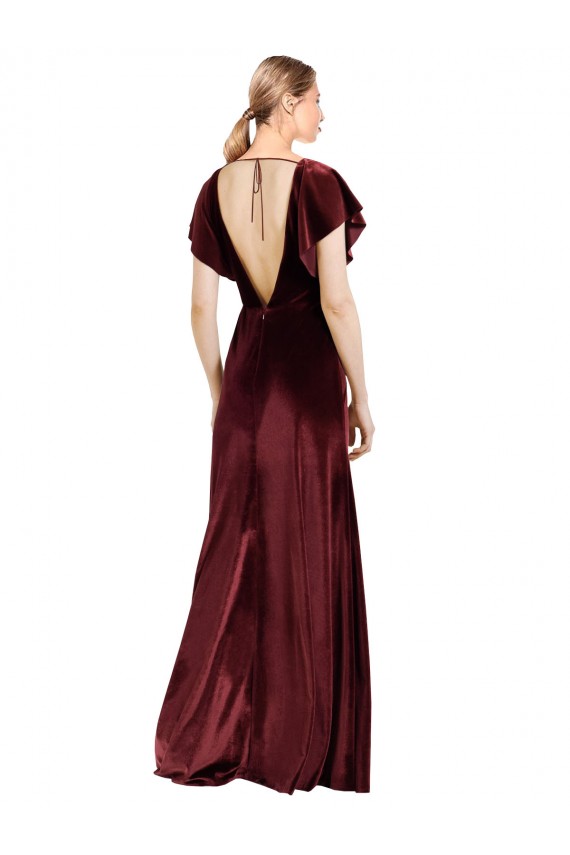 Boutique Bordeaux Trapèze Col V Velours Stretch Longue Robes demoiselle d'honneur / Robes de bal
