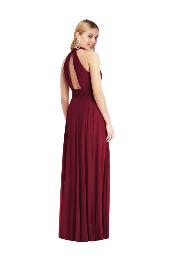 Boutique Bordeaux Trapèze Licou Col Haut Mousseline Longue Robes demoiselle d'honneur