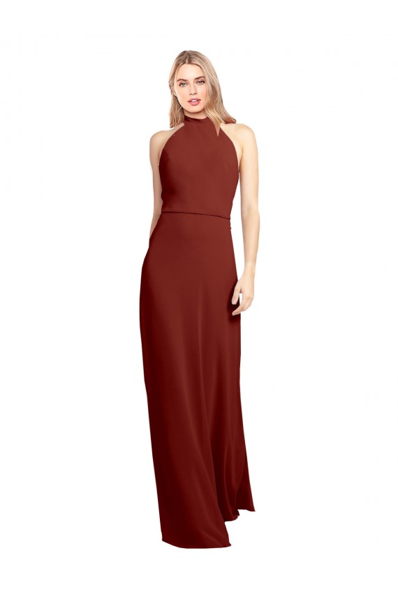 Boutique Bordeaux Trapèze Licou Col Haut Mousseline Longue Robes demoiselle d'honneur / Robes de bal