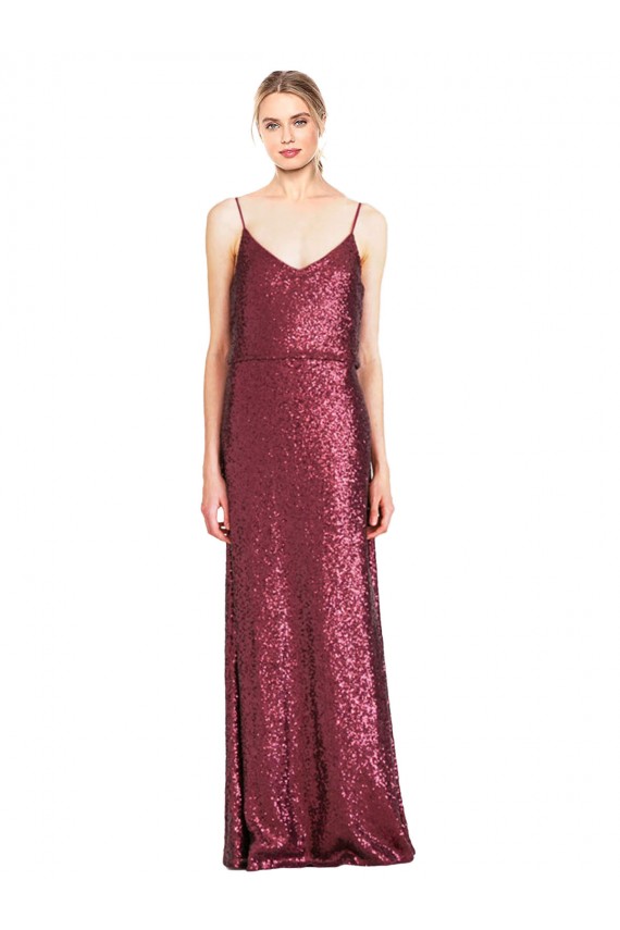 Boutique Bordeaux Trapèze Licou Col Haut Paillette Longue Formelles Robes demoiselle d'honneur / Robes de soirée / Robes de bal