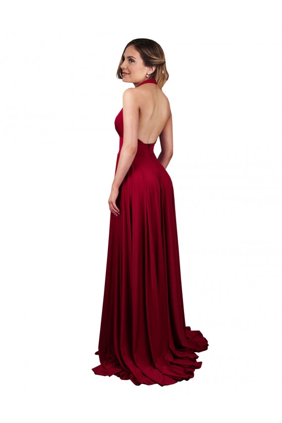 Boutique Bordeaux Trapèze Licou Col V Spandex Longue Formelles Robes demoiselle d'honneur / Robes de soirée / Robes de bal