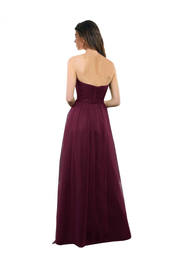 Boutique Bordeaux Trapèze Sans bretelle Tulle Longue Robes demoiselle d'honneur
