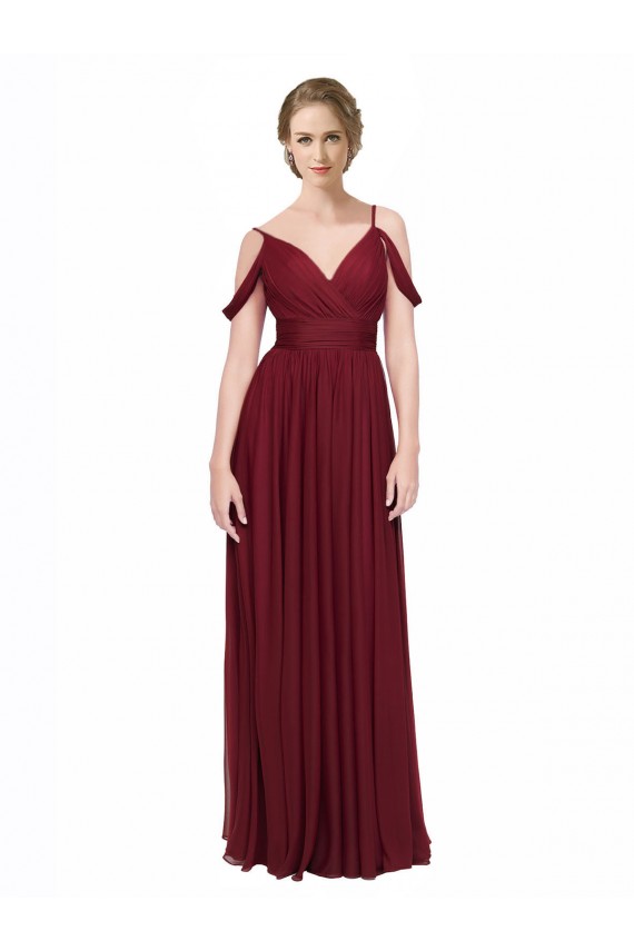 Boutique Bordeaux Trapèze Épaule Dénudée Bretelles spaghetti Mousseline Longue Robes demoiselle d'honneur