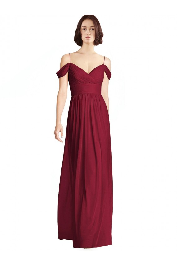 Boutique Bordeaux Trapèze Épaule Dénudée Col V Mousseline Longue Robes demoiselle d'honneur