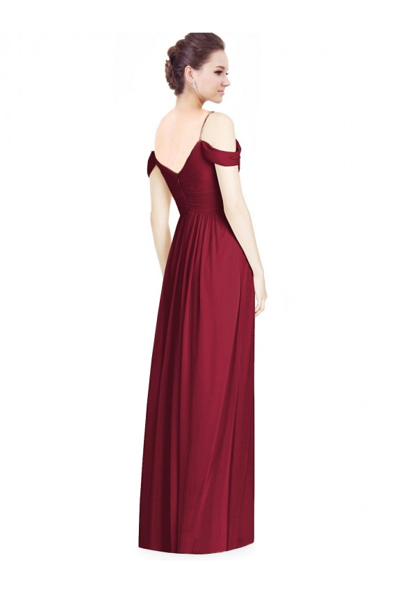 Boutique Bordeaux Trapèze Épaule Dénudée Col V Mousseline Longue Robes demoiselle d'honneur