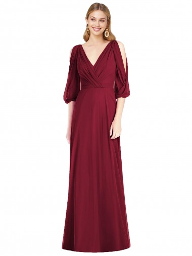 Boutique Bordeaux Trompette Col V Mousseline Longue Robes demoiselle d'honneur