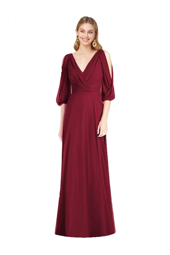 Boutique Bordeaux Trompette Col V Mousseline Longue Robes demoiselle d'honneur