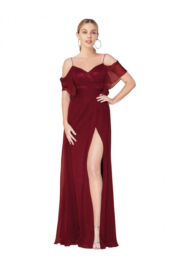Boutique Bordeaux Trompette Épaule Dénudée Mousseline Longue Formelles Robes demoiselle d'honneur / Robes de soirée / Robes de bal
