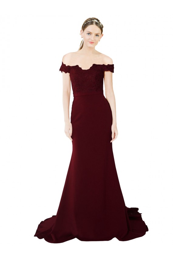 Boutique Bordeaux foncé Sirène Épaule Dénudée Balayage train Crêpe Stretch Dentelle Longue Formelles Robes demoiselle d'honneur / Robes de soirée / Robes de bal