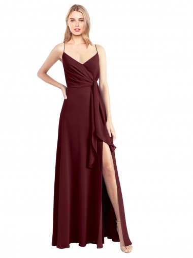 Boutique Bordeaux foncé Trapèze Bretelles spaghetti Col V Mousseline Longue Robes demoiselle d'honneur