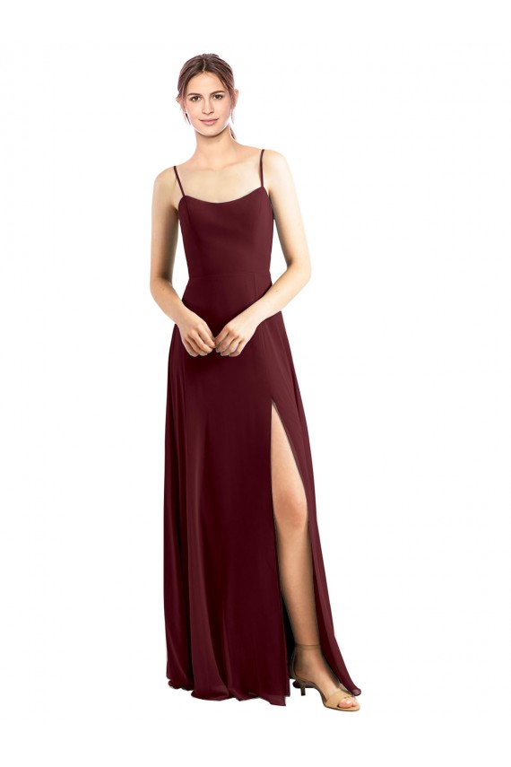 Boutique Bordeaux foncé Trapèze Bretelles spaghetti Scoop Mousseline Longue Robes demoiselle d'honneur