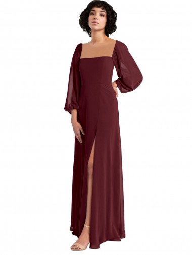 Boutique Bordeaux foncé Trapèze Col Carré Mousseline Longue Robes demoiselle d'honneur
