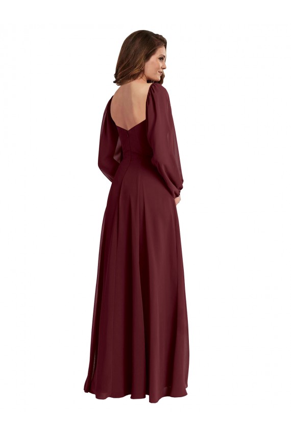 Boutique Bordeaux foncé Trapèze Col Carré Mousseline Longue Robes demoiselle d'honneur