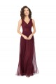 Boutique Bordeaux foncé Trapèze Col V Tulle Longue Robes demoiselle d'honneur