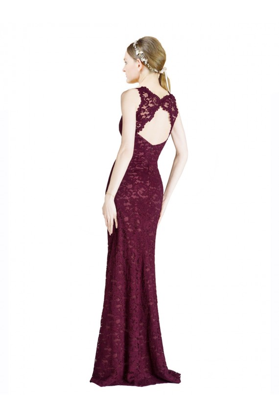 Boutique Bordeaux foncé Trapèze Illusion Col Haut Dentelle Longue Robes demoiselle d'honneur / Robes de bal